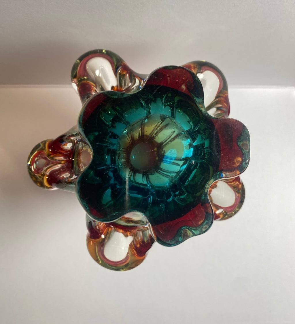 Vintage Blue & Red Art Glass Vase