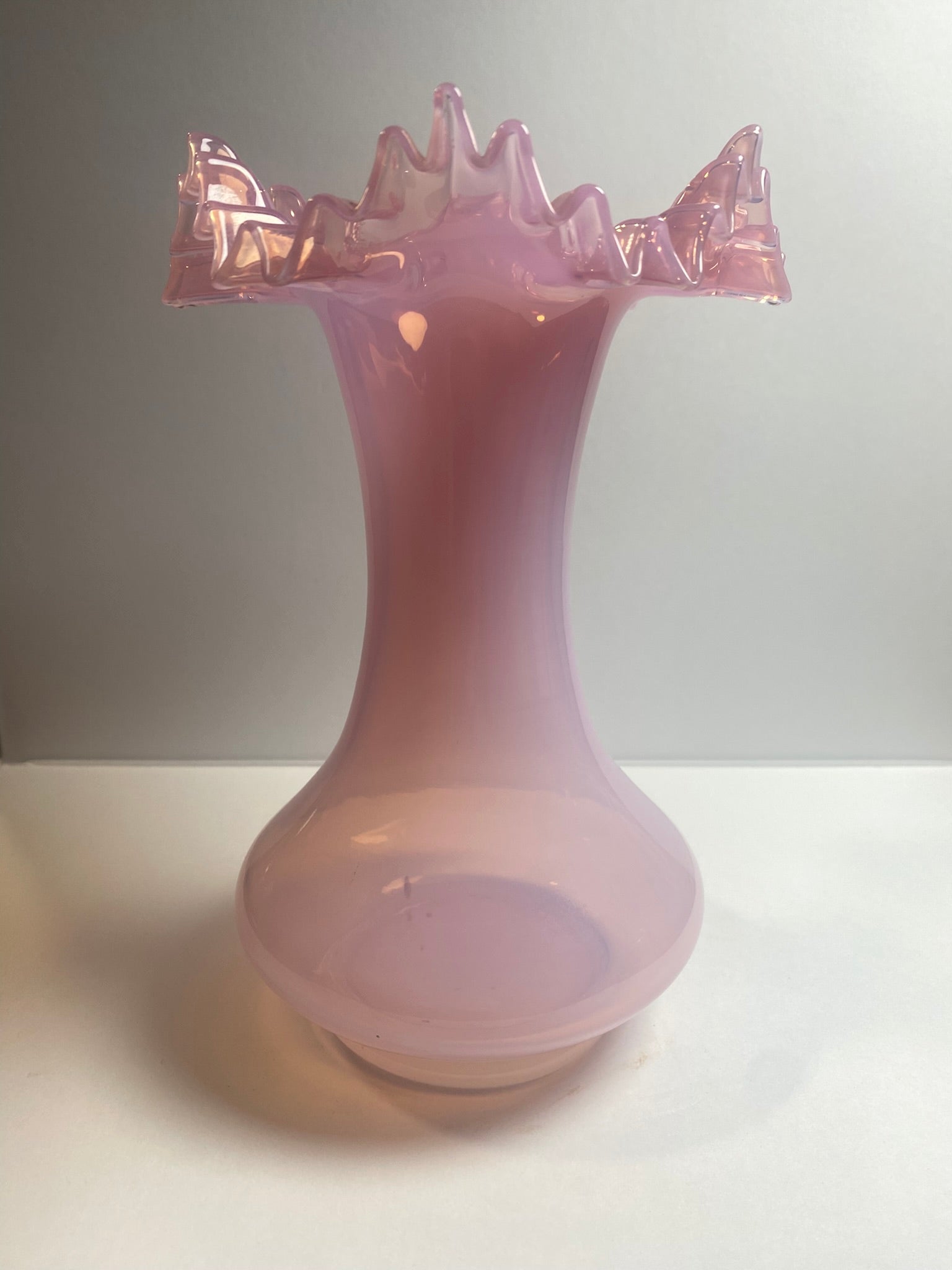 Vintage Czech Pink Opaline Glass Ruffled Top Vase