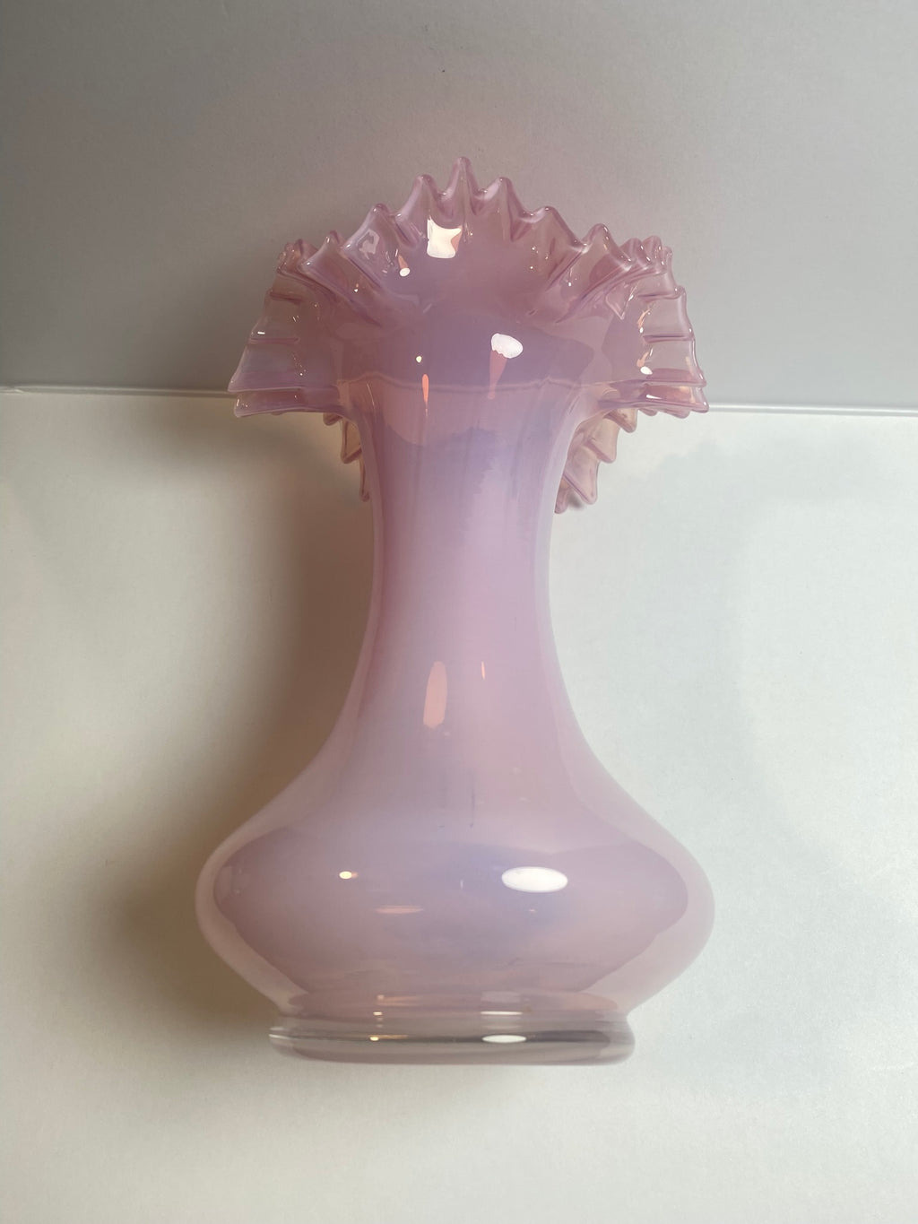 Vintage Czech Pink Opaline Glass Ruffled Top Vase