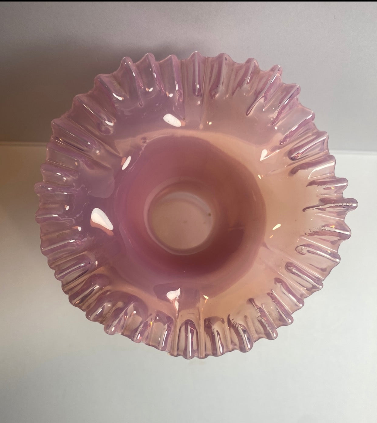Vintage Czech Pink Opaline Glass Ruffled Top Vase